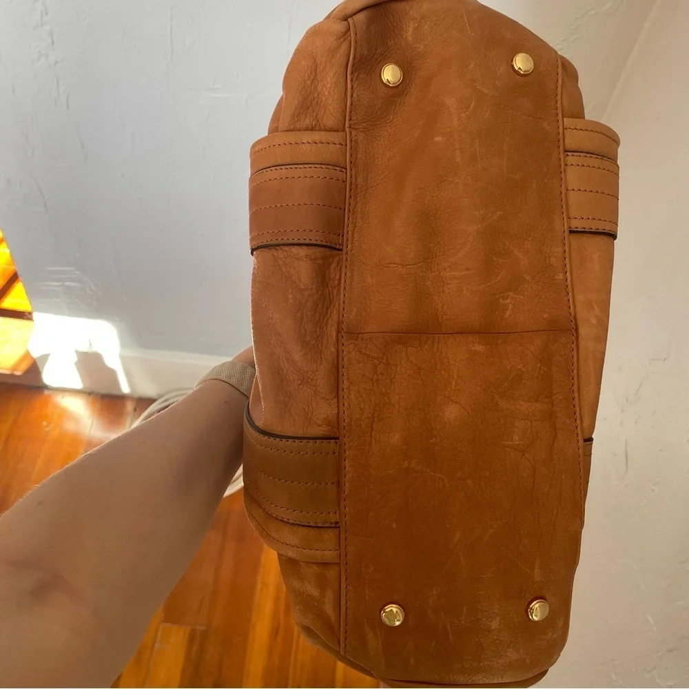 B Makowsky Tan Leather Shoulder Bag Satchel with Gold Accents